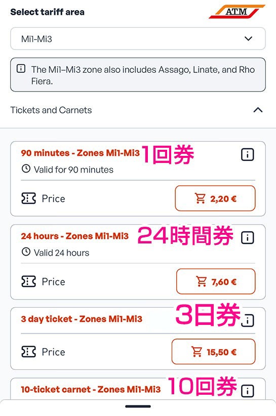 ATM Milano Official チケット種類の選択画面