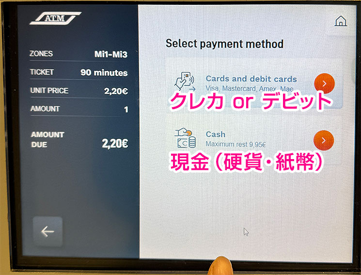 自動券売機の操作手順4 支払い方法の選択画面
