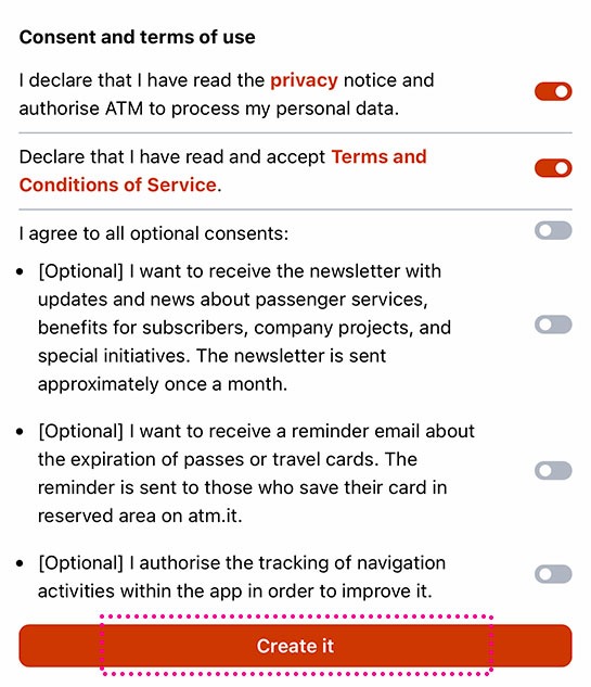 ATM Milano Officialのアカウント作成項目2