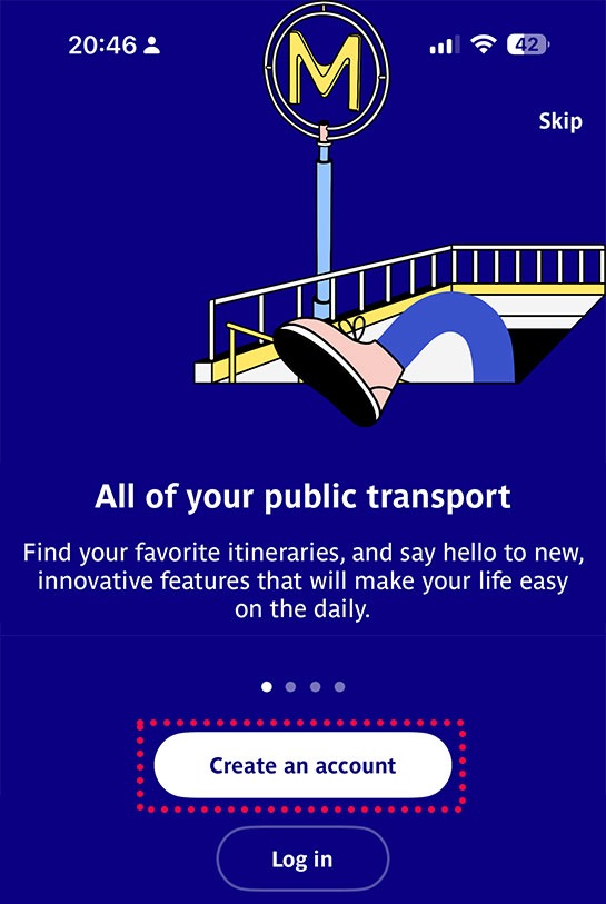 「Bonjour RATP」の公式アプリ「Create an account(アカウント作成)」ボタンをタップ