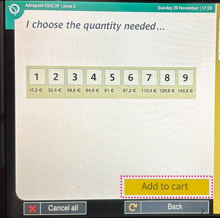 パリ地下鉄 タッチモニター式の自動券売機 - 購入枚数を選択