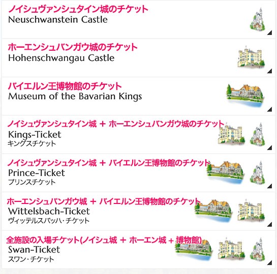 各種チケットの選択項目 - ノイシュヴァンシュタイン城の公式予約ページ