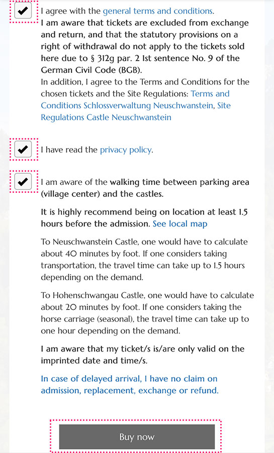 ノイシュヴァンシュタイン城の予約ページ 規約への同意項目