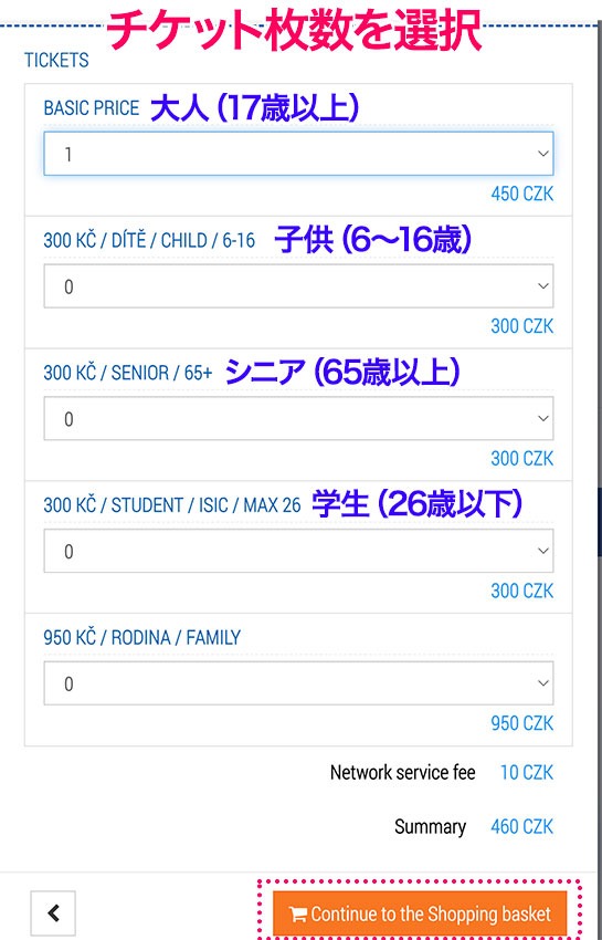 チケット枚数の選択項目 - プラハ城 公式チケット販売サイト