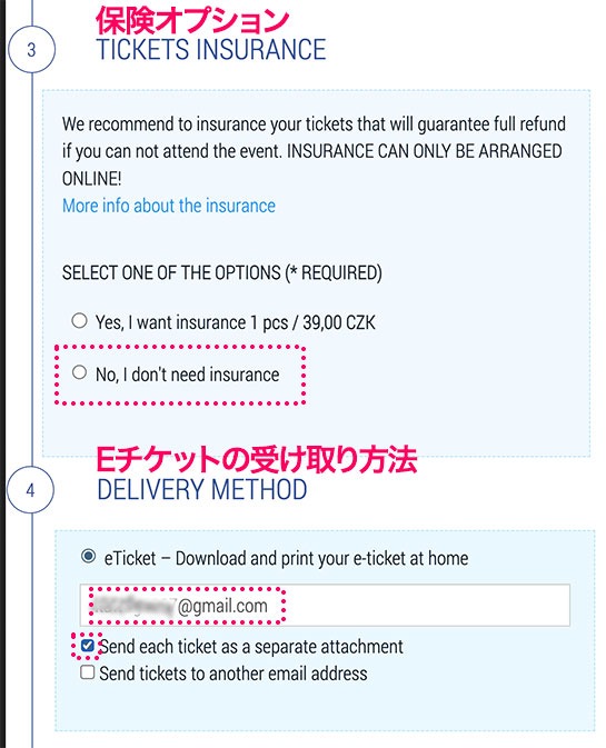 保険オプションの選択とチケットの受け取り方法の入力 - プラハ城 公式チケット販売サイト