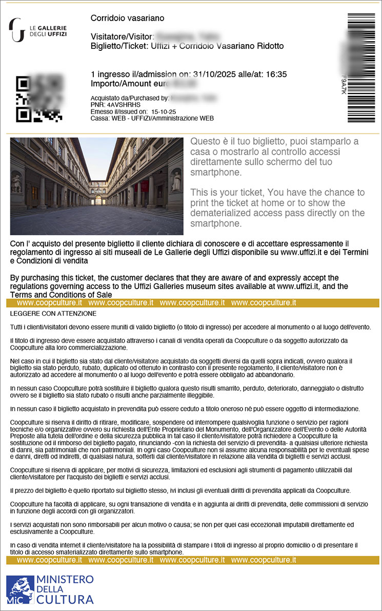 ウフィツィ美術館の入場チケット(予約書)
