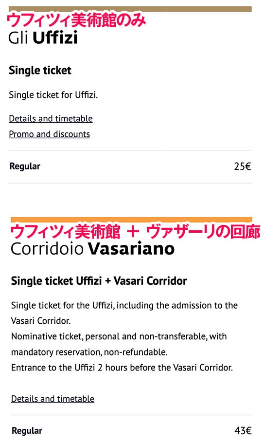 ウフィツィ美術館の公式予約ページ - チケット種類の選択