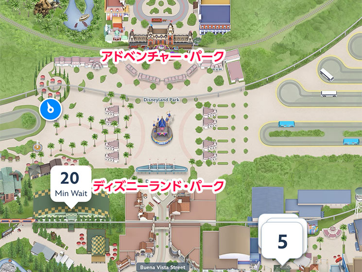 カリフォルニア・ディズニーマップ - ディズニーランド・パークとアドベンチャー・パークの位置関係