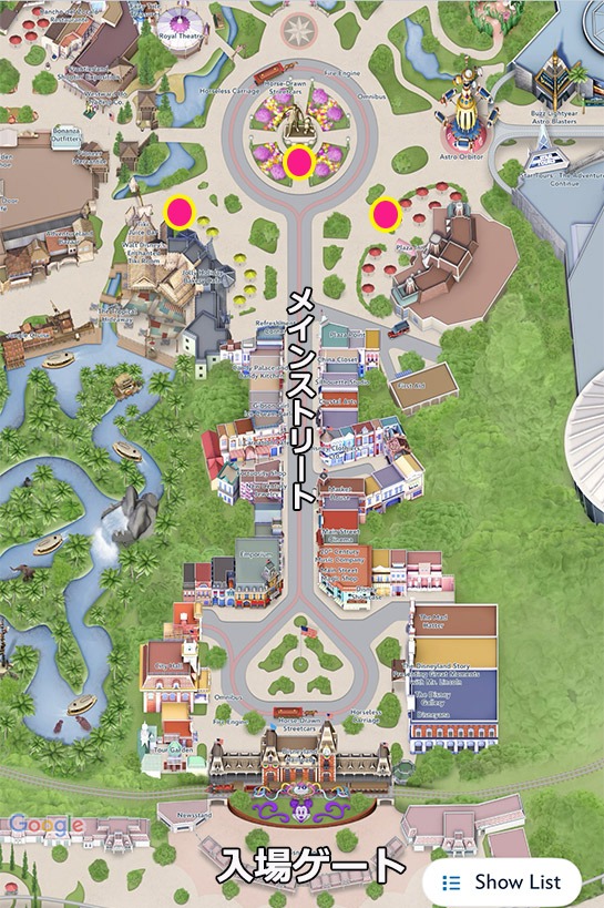 ディズニーランドパークの待機ポイントを示したマップ