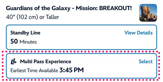 カリフォルニア・ディズニー - 「ライトニングレーン・マルチパス」の予約時間表