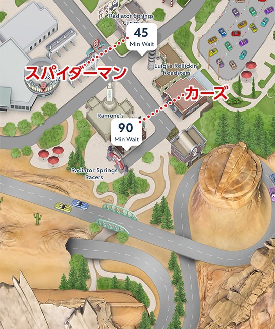 カリフォルニアディズニー公式アプリの待ち時間表示例