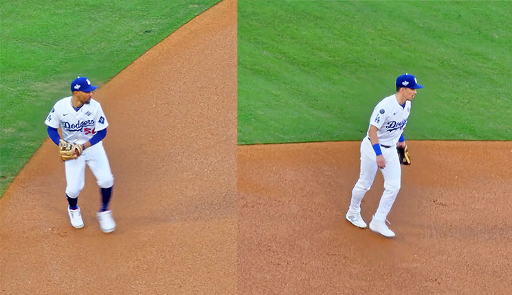 守備練習を行うムーキーベッツとエドマン