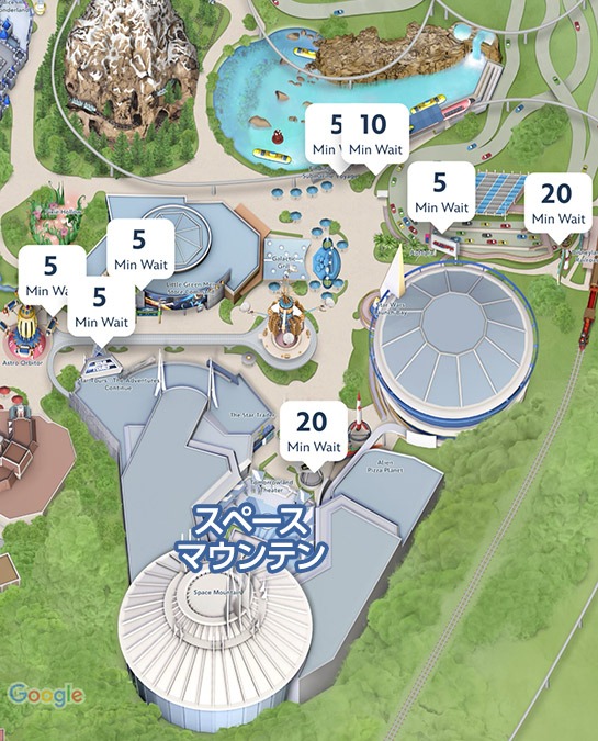 カリフォルニア・ディズニー公式アプリのマップ - 土曜日の朝10時時点での待ち時間表示例