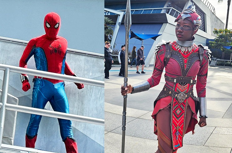 ベンジャーズ・キャンパスで行われるスパイダーマン」のアクロバティックなショーと「ブラックパンサー／ワカンダ系のショートショー」の様子