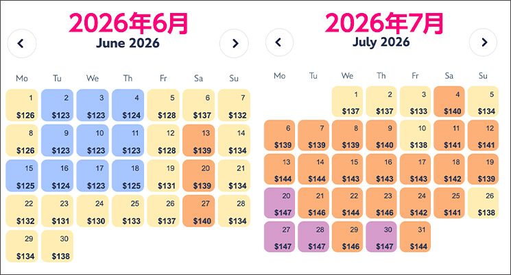 パリ・ディズニーランドの料金区分カレンダー 2026年6月〜2026年7月の料金区分
