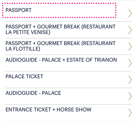 ヴェルサイユ宮殿 公式予約ページ チケット種類の選択項目