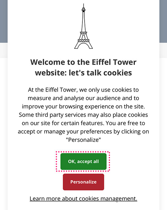 エッフェル塔予約ページ クッキーポリシーのポップアップ表示