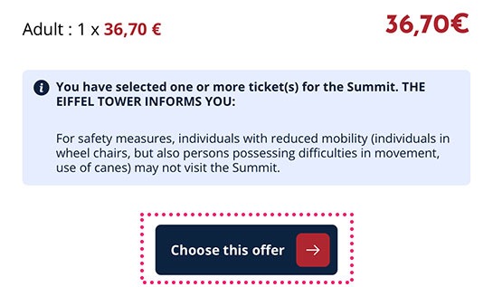ページ下部付近の「Choose this offer」ボタンをタップ - エッフェル塔の公式予約ページ