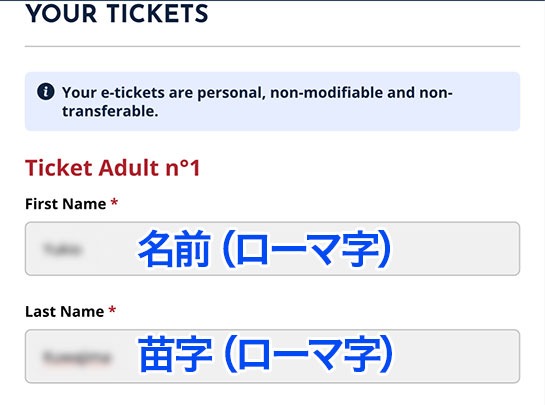 訪問者情報の入力項目 - エッフェル塔の公式予約ページ