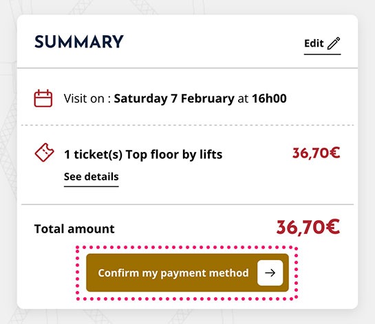 「Confirm my payment method」ボタン - エッフェル塔の公式予約ページ