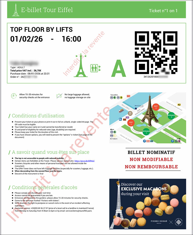 エッフェル塔公式サイトの予約完了メール