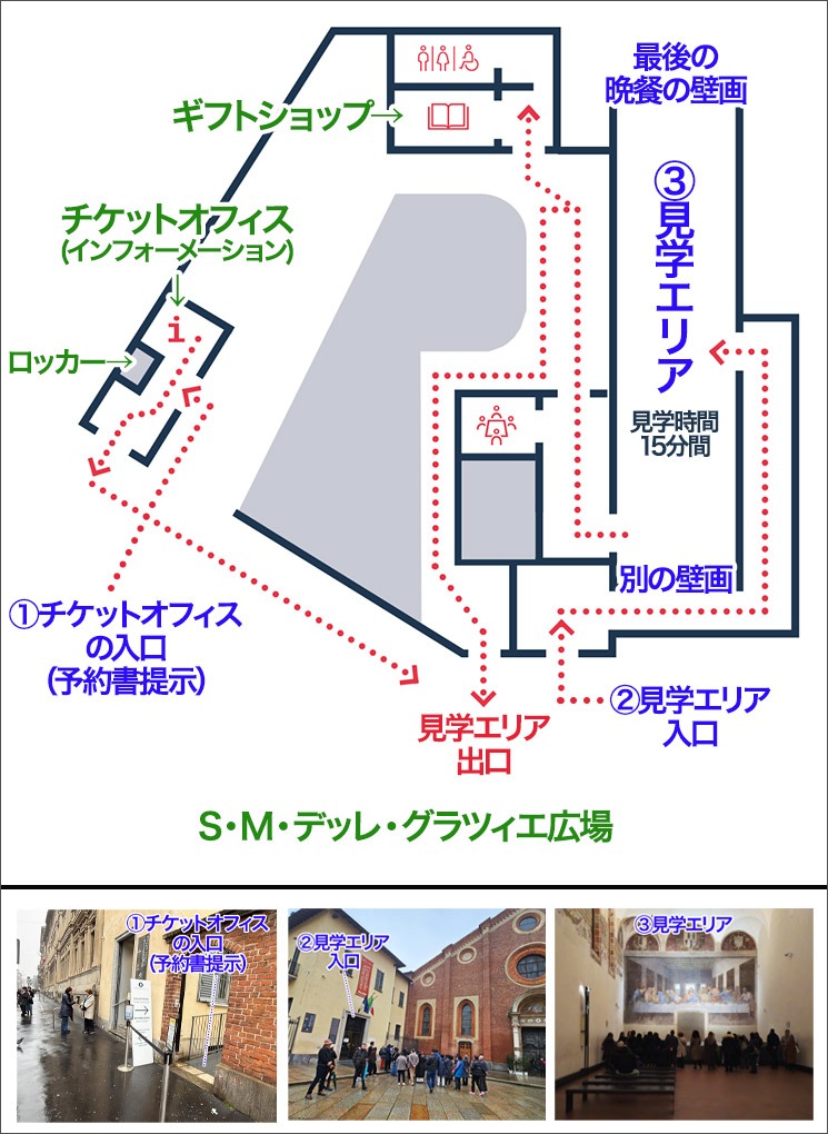 最後の晩餐の周辺マップ 受付から見学終了までのルートナビ画像
