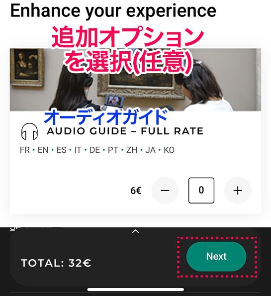 追加オプション(オーディオガイドの選択項目) - ルーブル美術館のチケット予約ページ