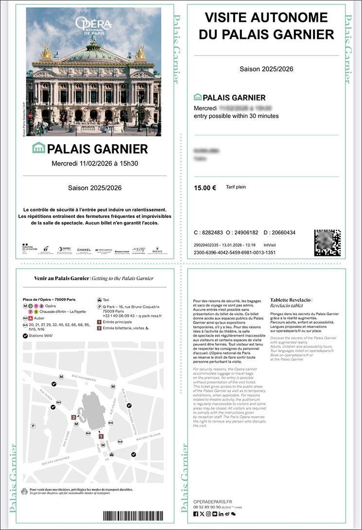 オペラ・ガルニエ公式サイト セルフガイドツアーのプリントアウト用チケット