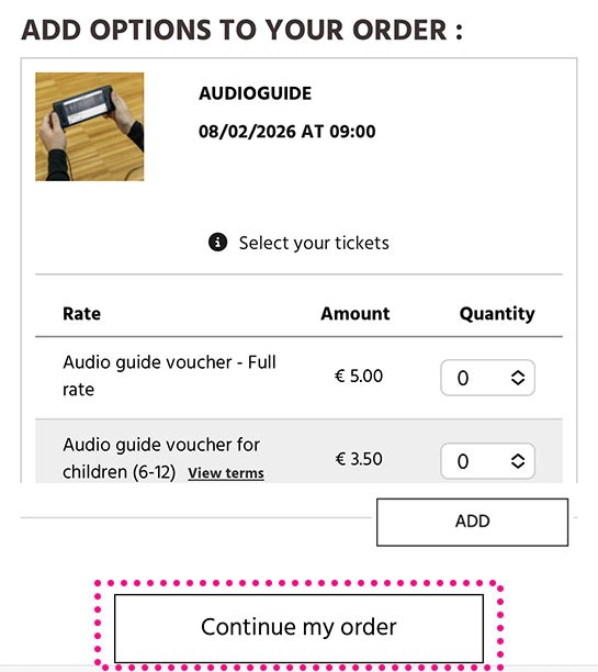 オーディオガイドレンタルの選択画面 - オランジュリー美術館 公式チケット予約ページ