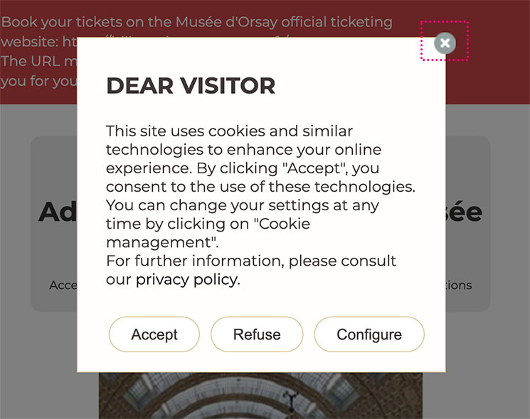 オルセー美術館 公式チケット予約サイトの初回表示ポップアップ