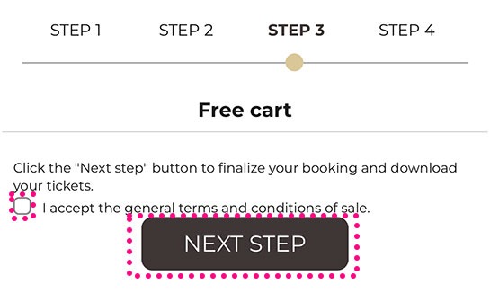 パリ・ミュージアムパスの無料予約枠で予約を完了する最終ステップ - 規約に同意してNEXT STEPをタップ