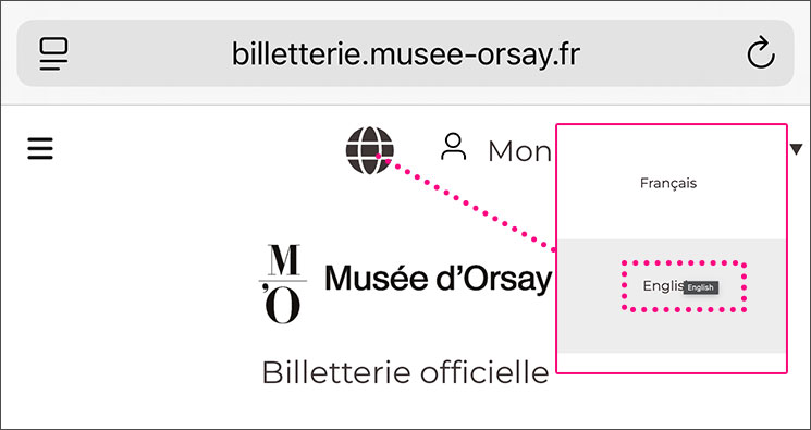 オルセー美術館 公式チケット予約サイト 言語表示を「English(英語)」に変更