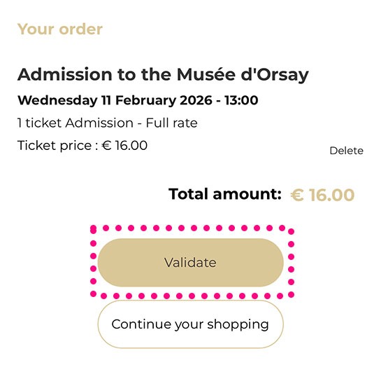 オルセー美術館 公式チケット予約サイトの予約内容確認ページ 「Validate」をタップ