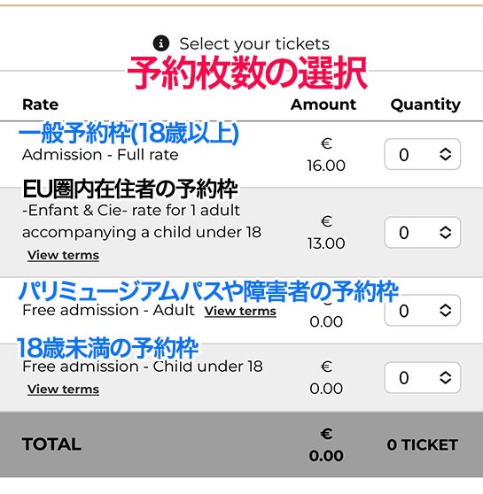 オルセー美術館 公式チケット予約サイトの予約枚数選択画面