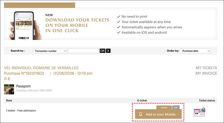 ヴェルサイユ宮殿 公式サイトのマイページ - 予約チケット一覧