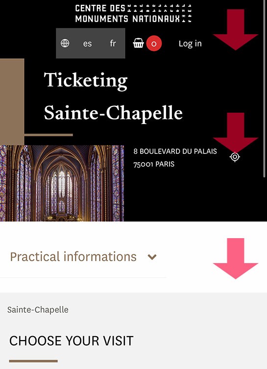 サントシャペルの公式チケット予約ページ 「CHOOSE YOUR VISIT」の文字付近まで画面をスクロール