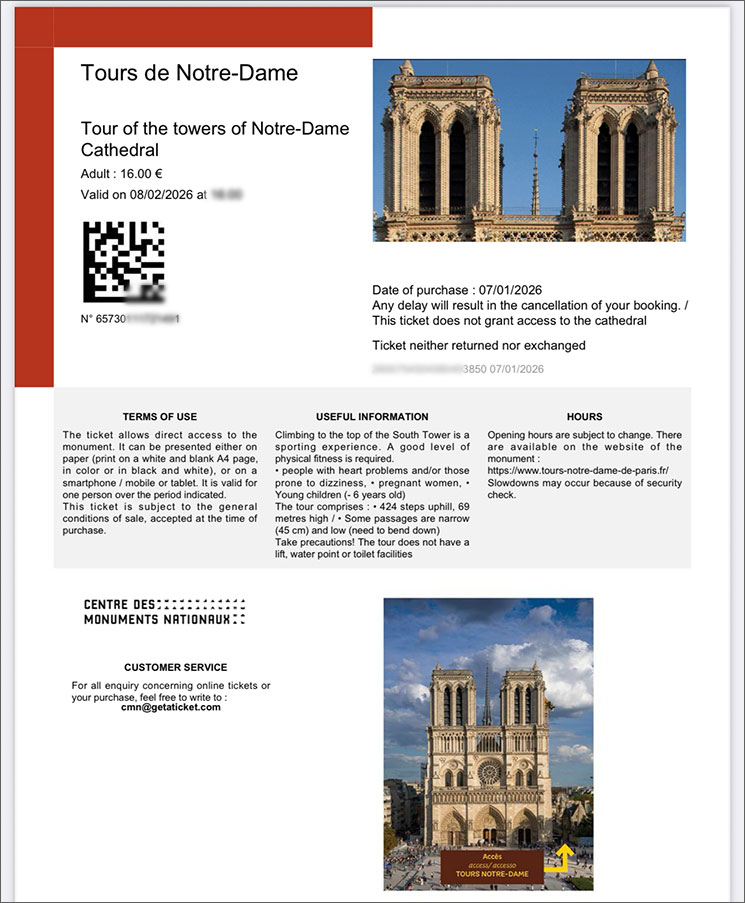 ノートルダム大聖堂 塔の予約書(入場チケット)