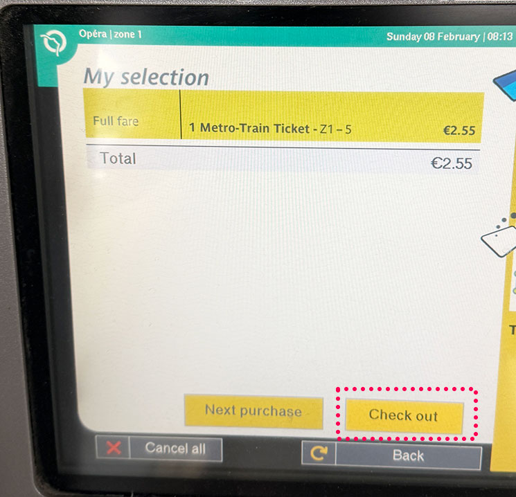 自動券売機の「Navigo Easy」チャージ内容の確認画面