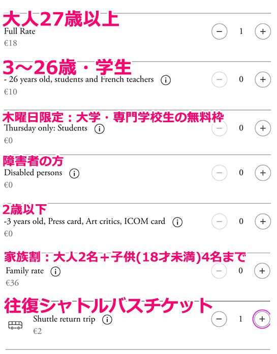 FUNDATION LOUIS VUITTON TICKETINGページ 予約枚数の選択