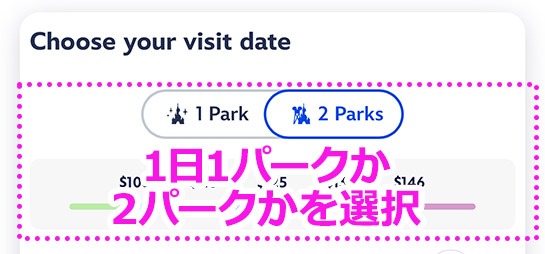パリ ディズニーランドの公式HP - 「訪問パーク数（1日1パークか2パークか）」を選択