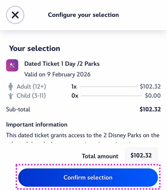 パリ ディズニーランドの公式HP - 選択内容の確認と「Confirm selection」ボタン