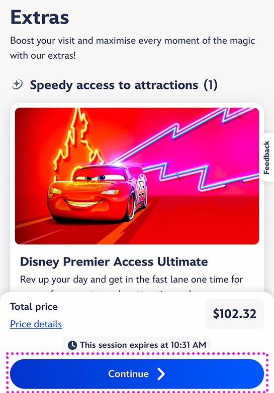 パリ ディズニーランドの公式HP - 選択内容の確認と「Add to cart」ボタン