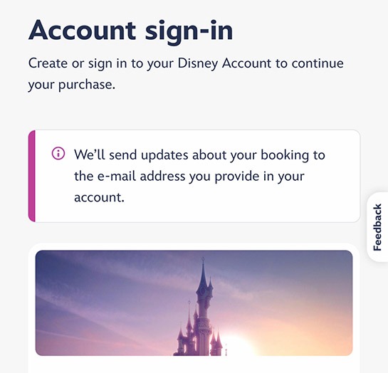 パリ ディズニーランドの公式HP - 「新規アカウント作成」か「サインイン」かを選択するページ