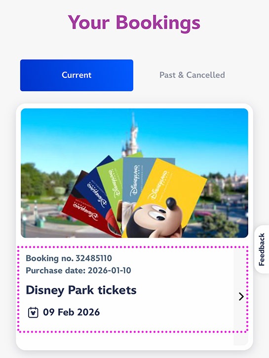 パリ・ディズニーランド公式HPの「Your Bookings -予約内容確認ページ」 