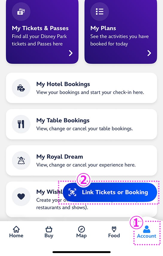パリディズニーの公式アプリに購入済みチケットをリンクさせる手順1