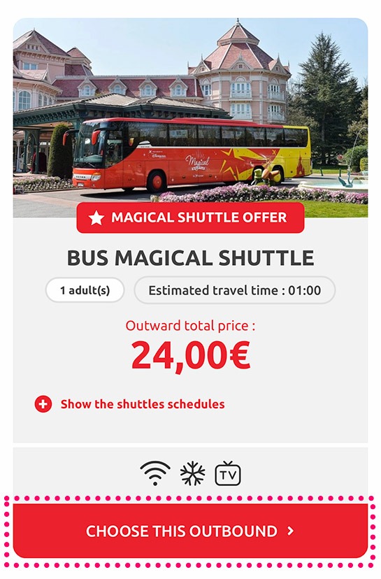予約内容を確認し「CHOOSE THIS OUTBOUND」ボタンをタップ - Magical Shuttle(マジカルシャトルバス)の公式予約ページ