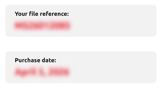 予約完了ページに表示される「Your file reference」と「Purchase date」 - Magical Shuttle(マジカルシャトルバス)の公式予約ページ