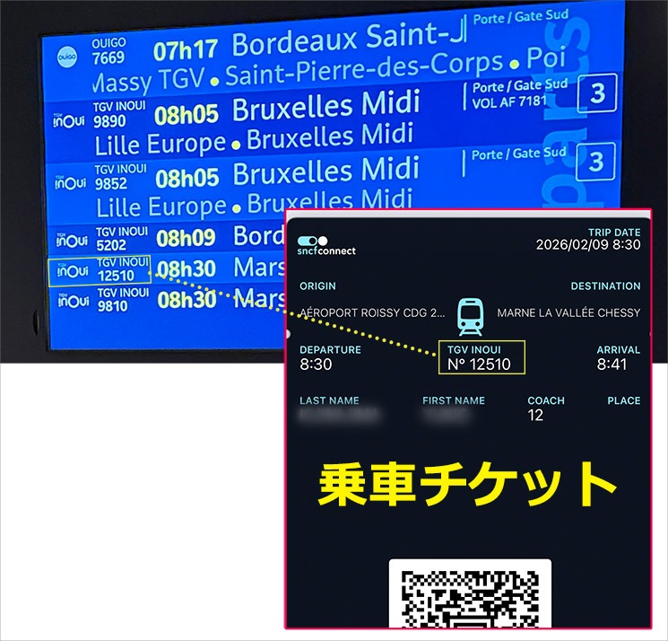 シャルル・ド・ゴール空港の電光掲示板と乗車チケット